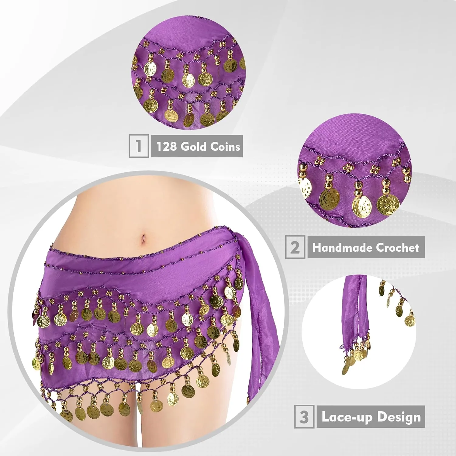 MOLFUJ Belly Dance Hip Scarf with 128 Gold Coins, Belly Dancer Belt Scarf Skirt for Women