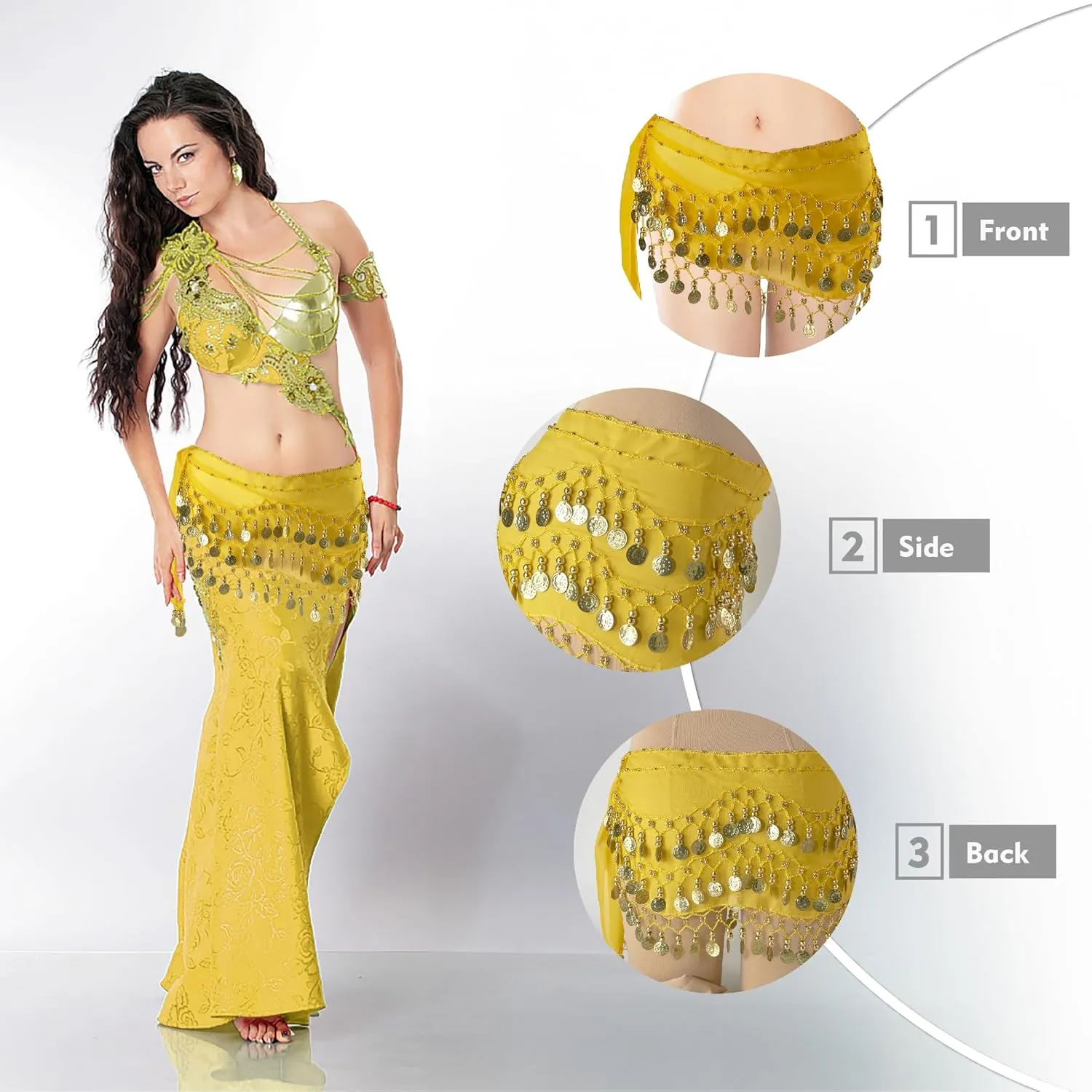 MOLFUJ Belly Dance Hip Scarf with 128 Gold Coins, Belly Dancer Belt Scarf Skirt for Women