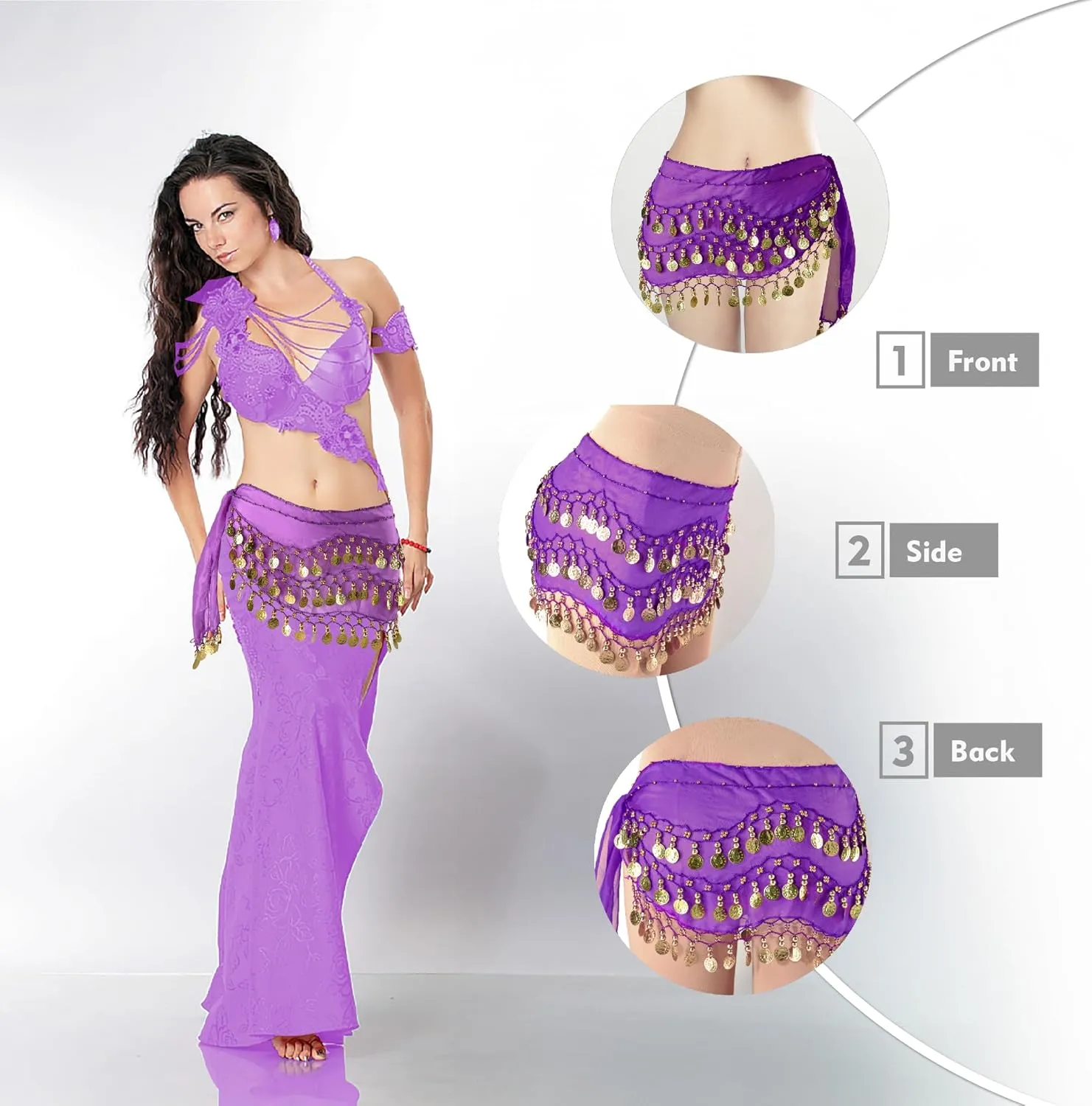 MOLFUJ Belly Dance Hip Scarf with 128 Gold Coins, Belly Dancer Belt Scarf Skirt for Women