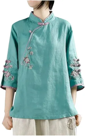 Mzkdieey Women's Cotton Linen Floral Embroidered Tops Retro Chinese Style Blouse Traditional Mandarin Collar 3/4 Sleeve Shirt