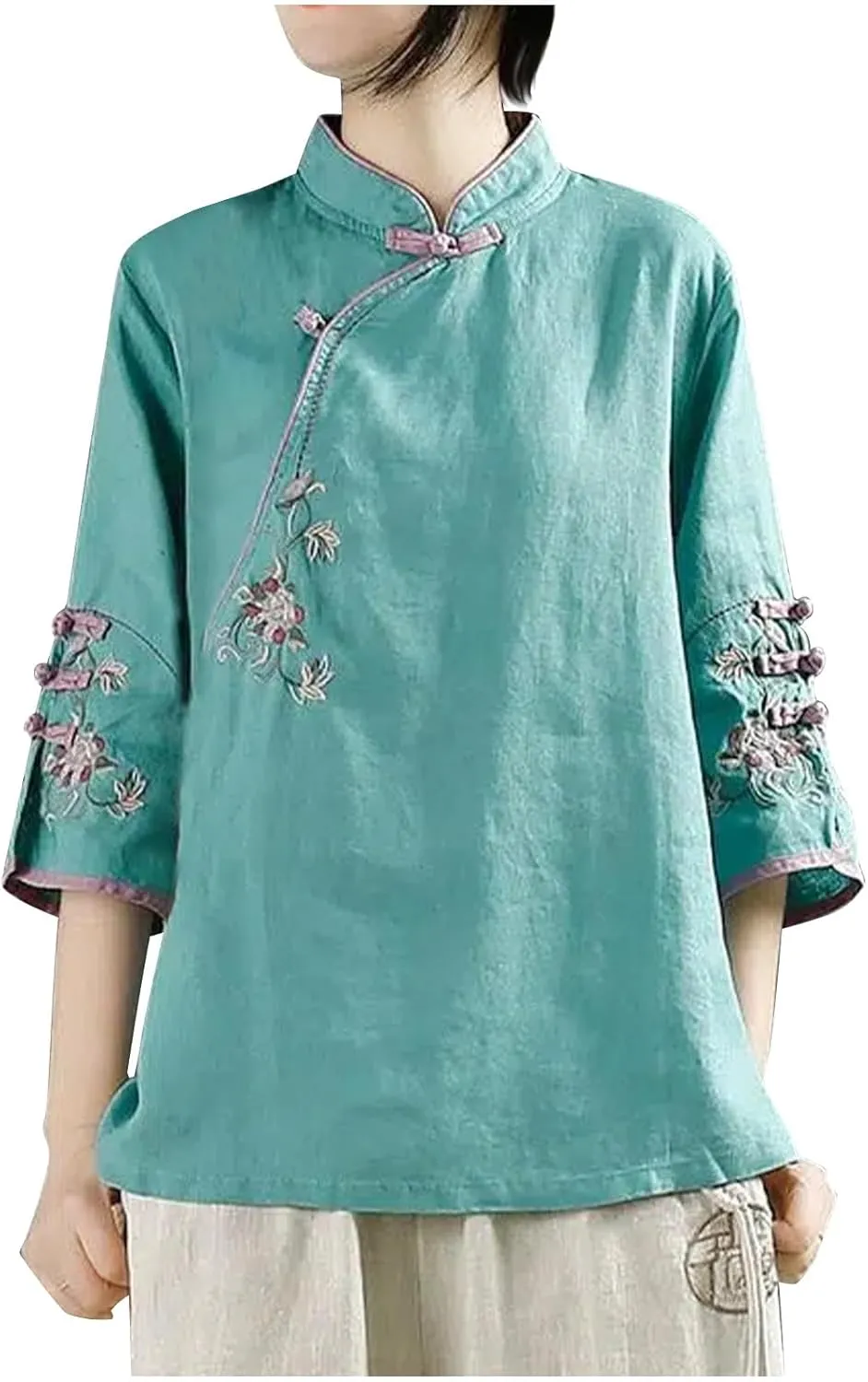 Mzkdieey Women's Cotton Linen Floral Embroidered Tops Retro Chinese Style Blouse Traditional Mandarin Collar 3/4 Sleeve Shirt