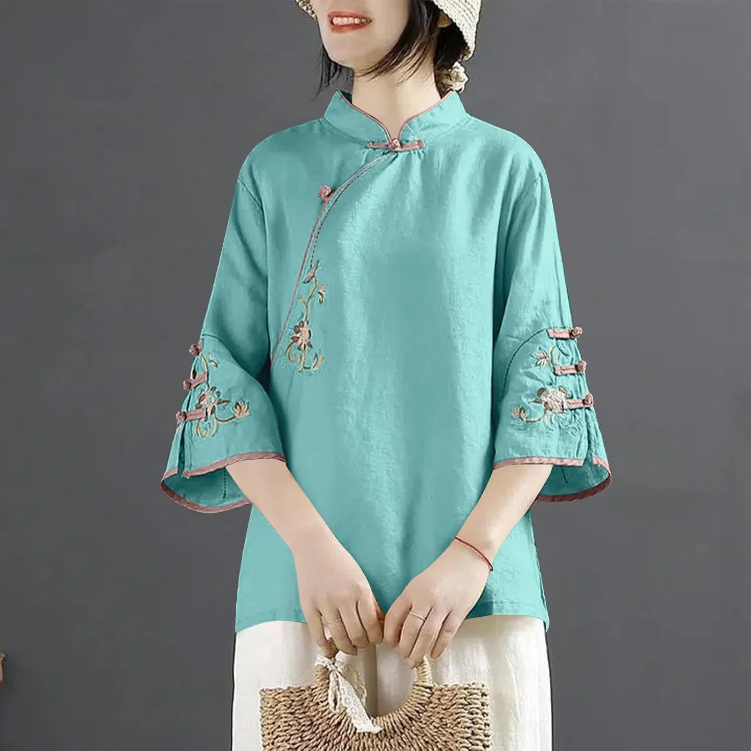Mzkdieey Women's Cotton Linen Floral Embroidered Tops Retro Chinese Style Blouse Traditional Mandarin Collar 3/4 Sleeve Shirt