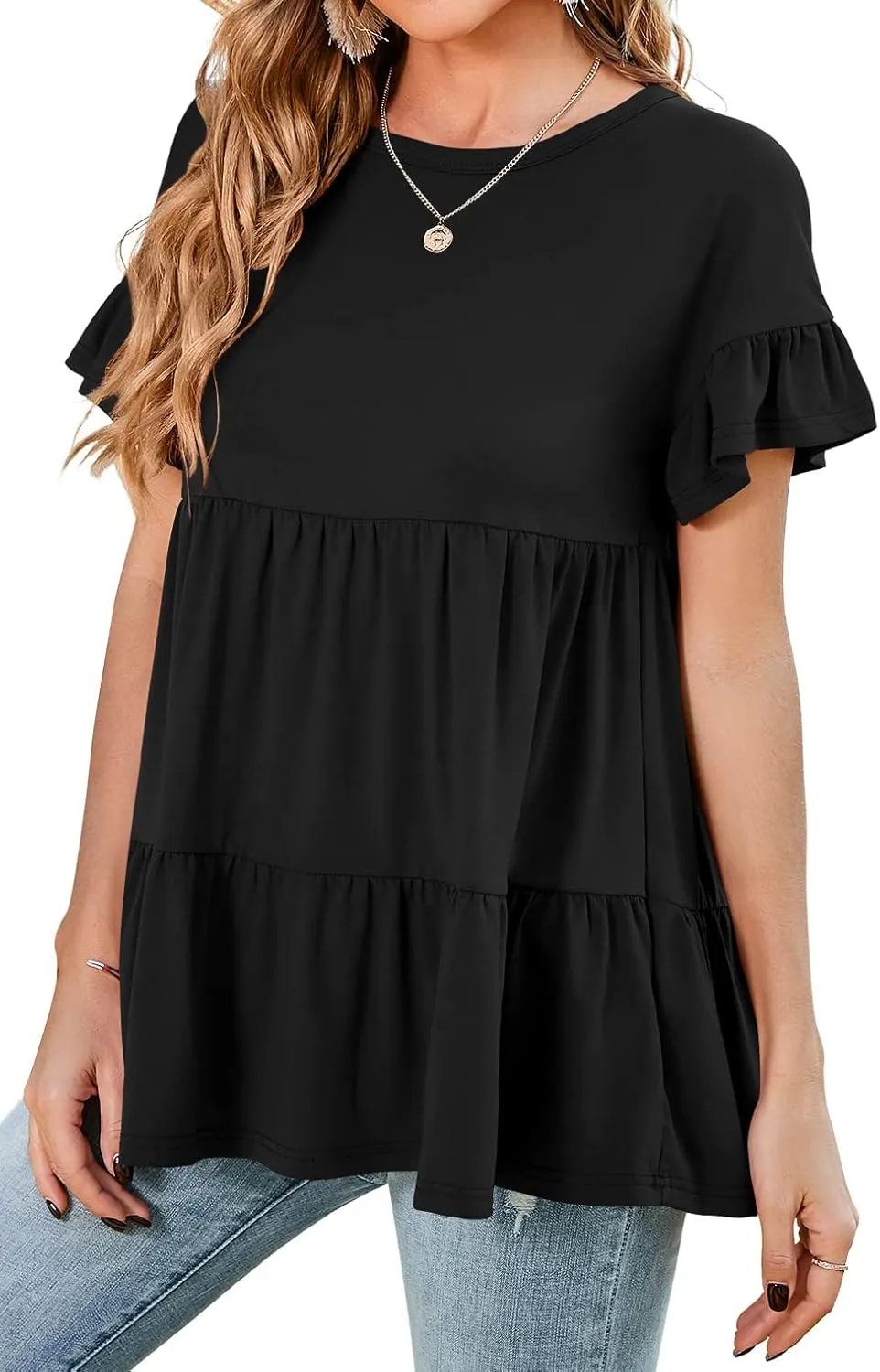 Neineiwu Women's Casual Ruffle Short Sleeve Crewneck Loose Tops Blouses Tunics