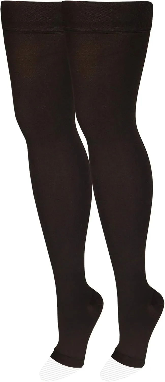 NuVein Medical Compression Stockings, 30-40 mmHg Support, Women & Men Thigh Length Hose, Open Toe, Black, Medium