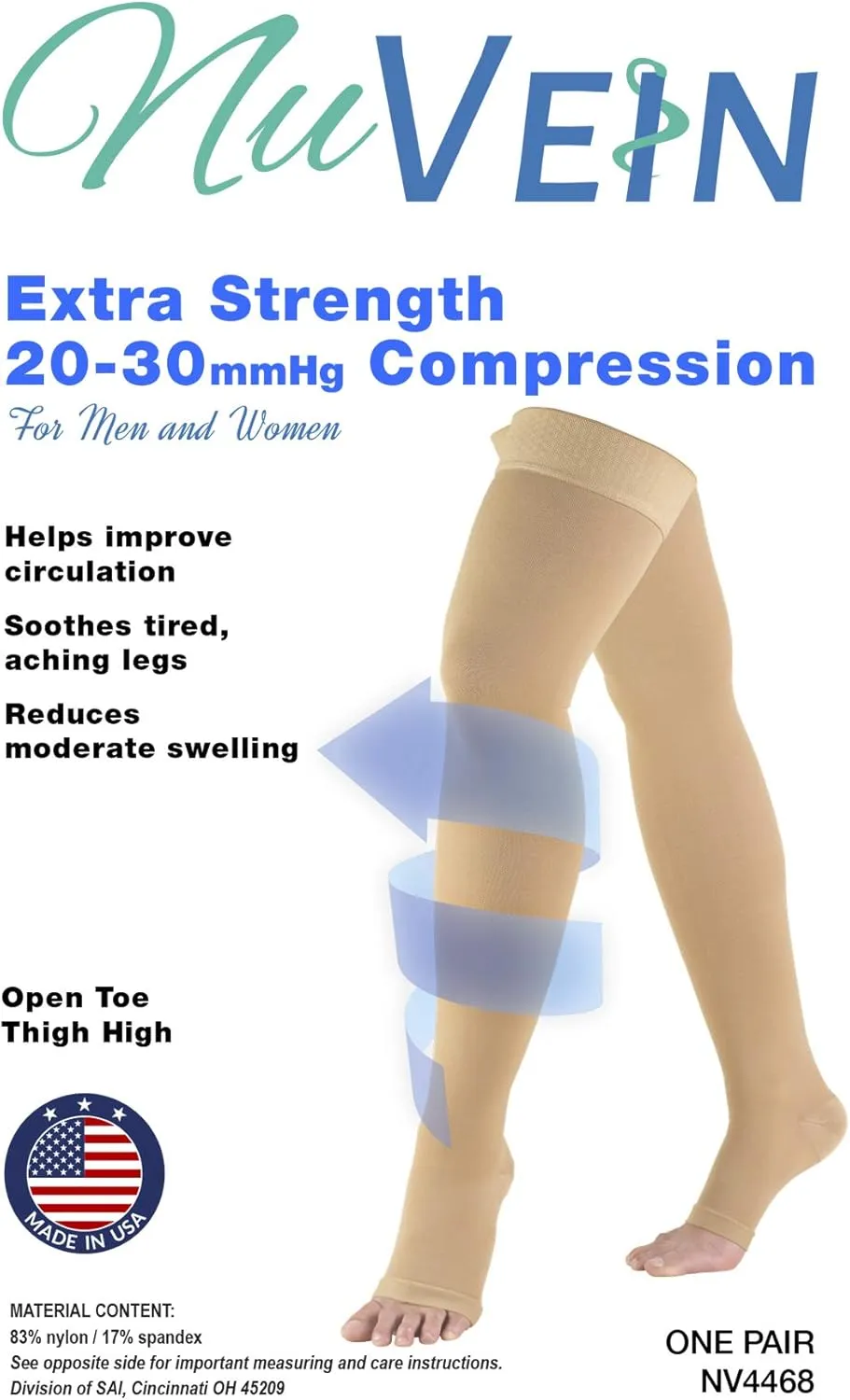 NuVein Medical Compression Stockings, 30-40 mmHg Support, Women & Men Thigh Length Hose, Open Toe, Black, Medium