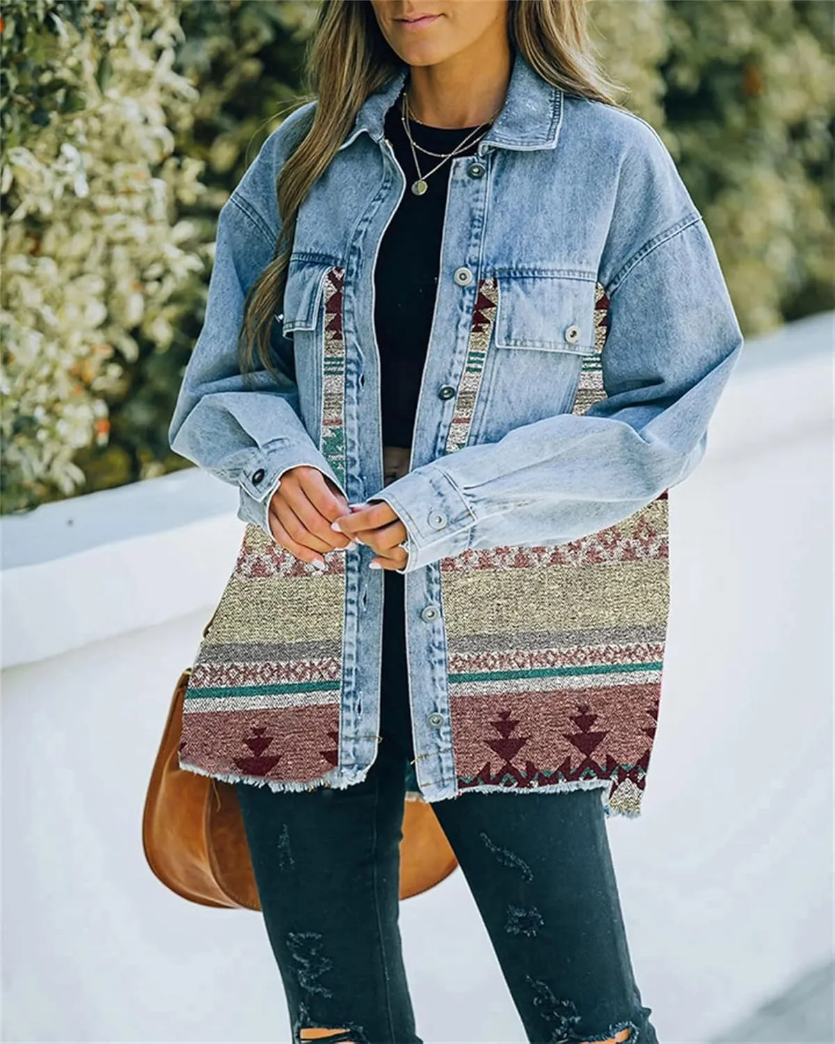 Oversized Denim Jacket Women Aztec Jean Jackets Distressed Long Sleeve Vintage Button Down Denim Shacket Coat Pockets