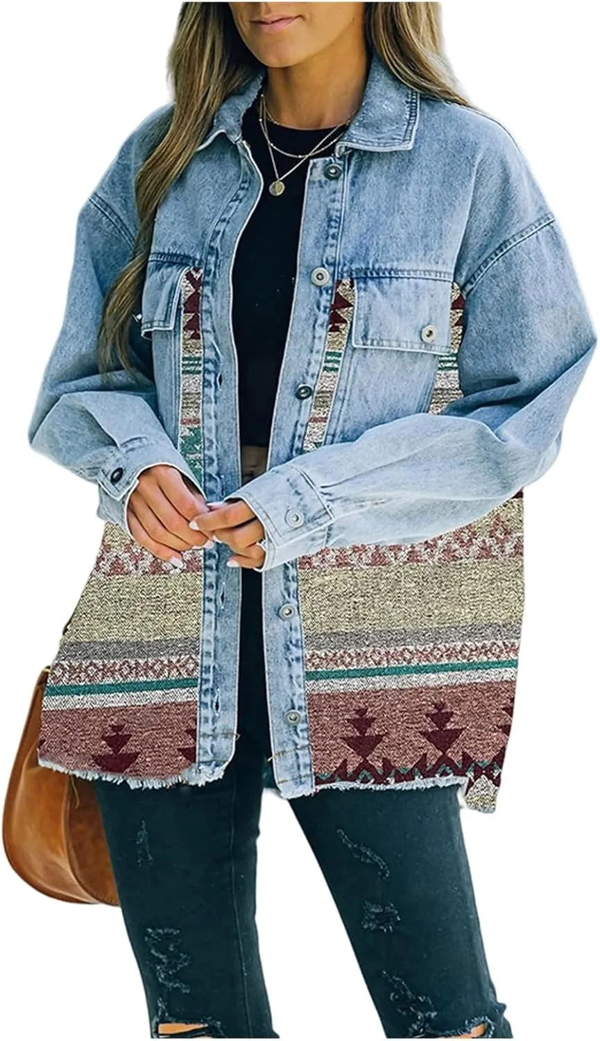 Oversized Denim Jacket Women Aztec Jean Jackets Distressed Long Sleeve Vintage Button Down Denim Shacket Coat Pockets