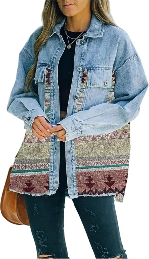 Oversized Denim Jacket Women Aztec Jean Jackets Distressed Long Sleeve Vintage Button Down Denim Shacket Coat Pockets