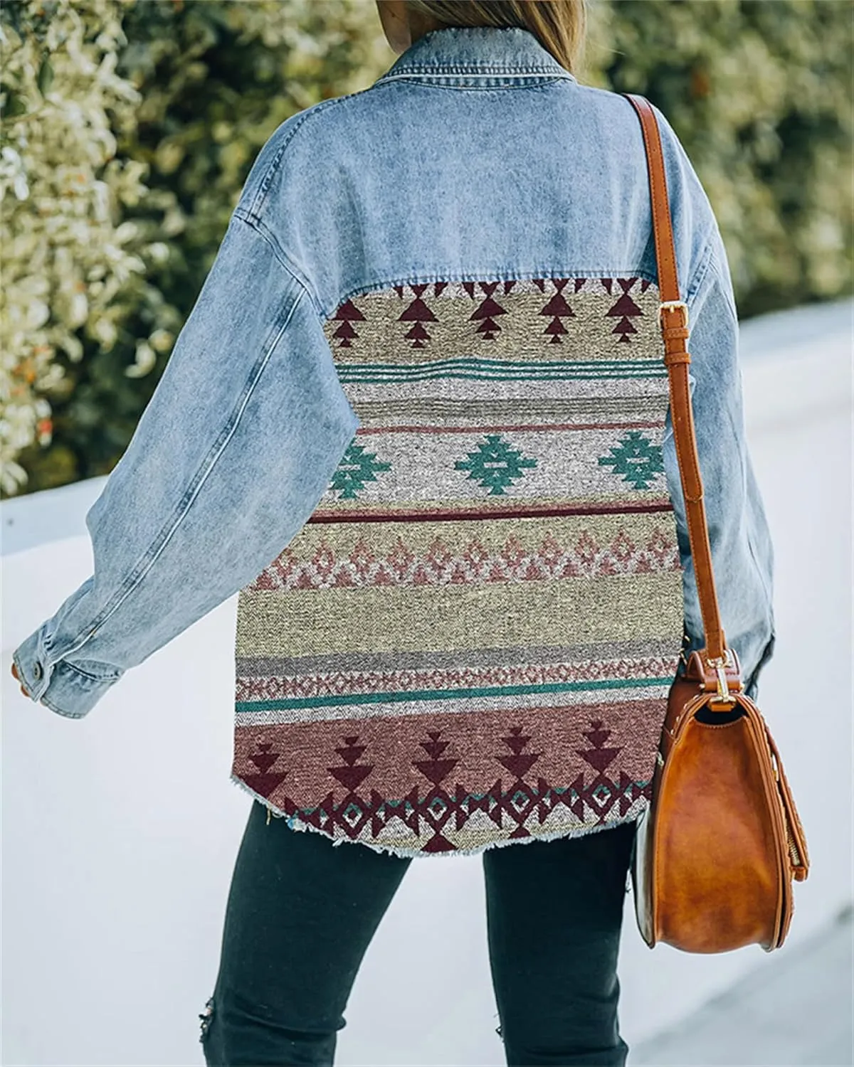 Oversized Denim Jacket Women Aztec Jean Jackets Distressed Long Sleeve Vintage Button Down Denim Shacket Coat Pockets