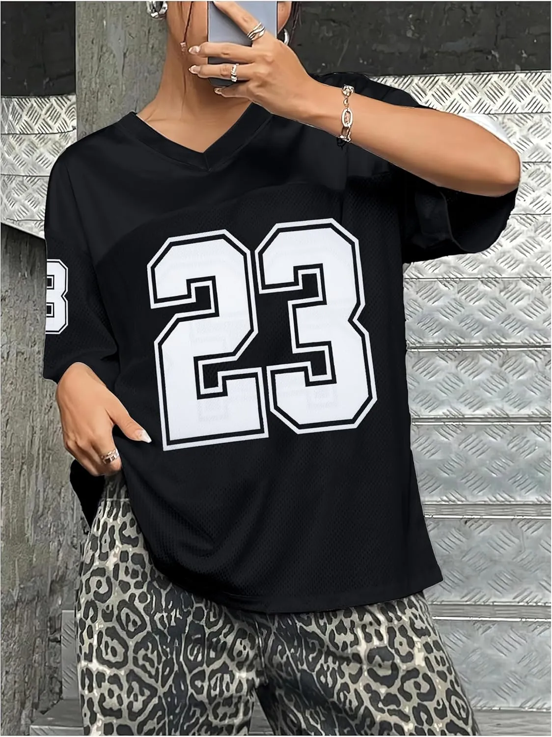 Oversized Jersey Women V Neck Tshirt Number Graphic Tee Y2k Streetwear Short Sleeve Top