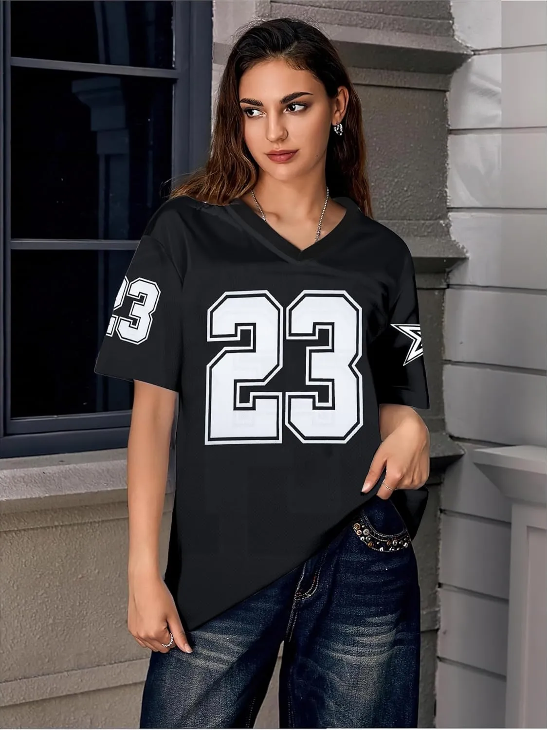 Oversized Jersey Women V Neck Tshirt Number Graphic Tee Y2k Streetwear Short Sleeve Top