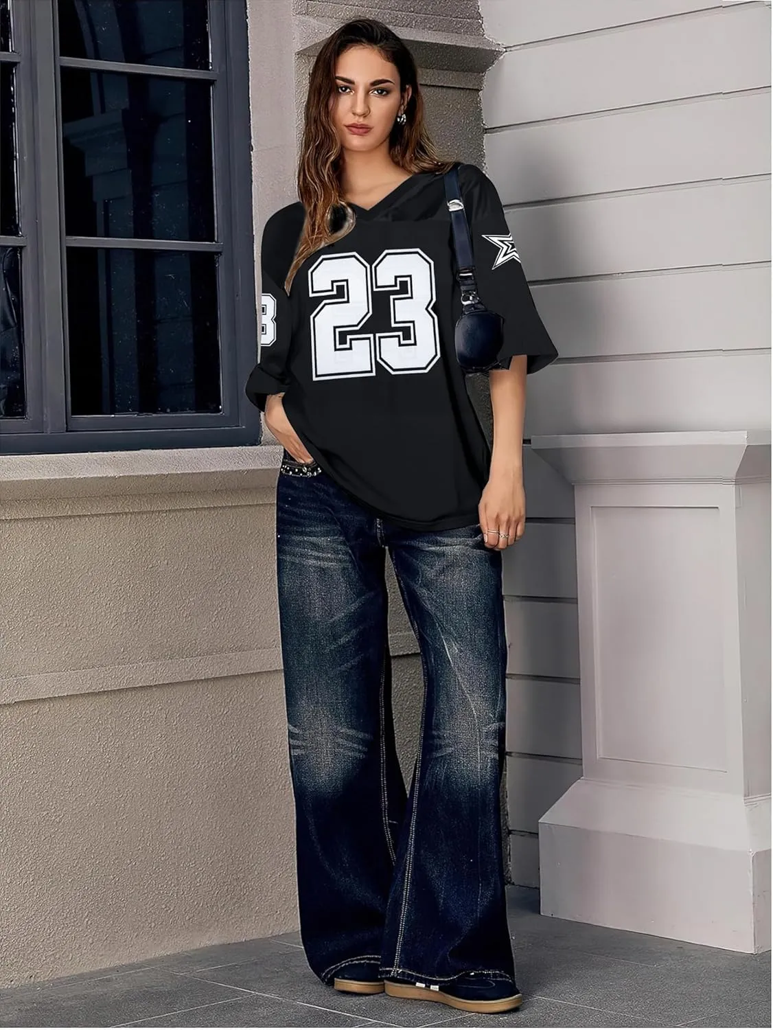 Oversized Jersey Women V Neck Tshirt Number Graphic Tee Y2k Streetwear Short Sleeve Top