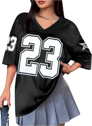 Oversized Jersey Women V Neck Tshirt Number Graphic Tee Y2k Streetwear Short Sleeve Top
