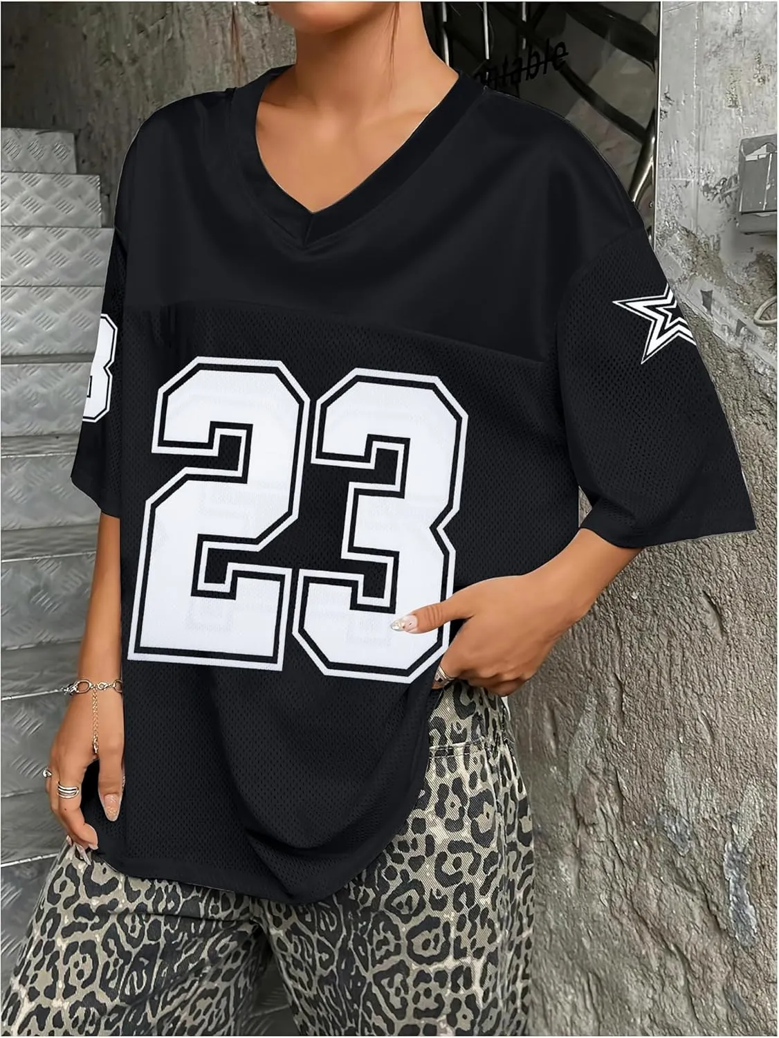 Oversized Jersey Women V Neck Tshirt Number Graphic Tee Y2k Streetwear Short Sleeve Top