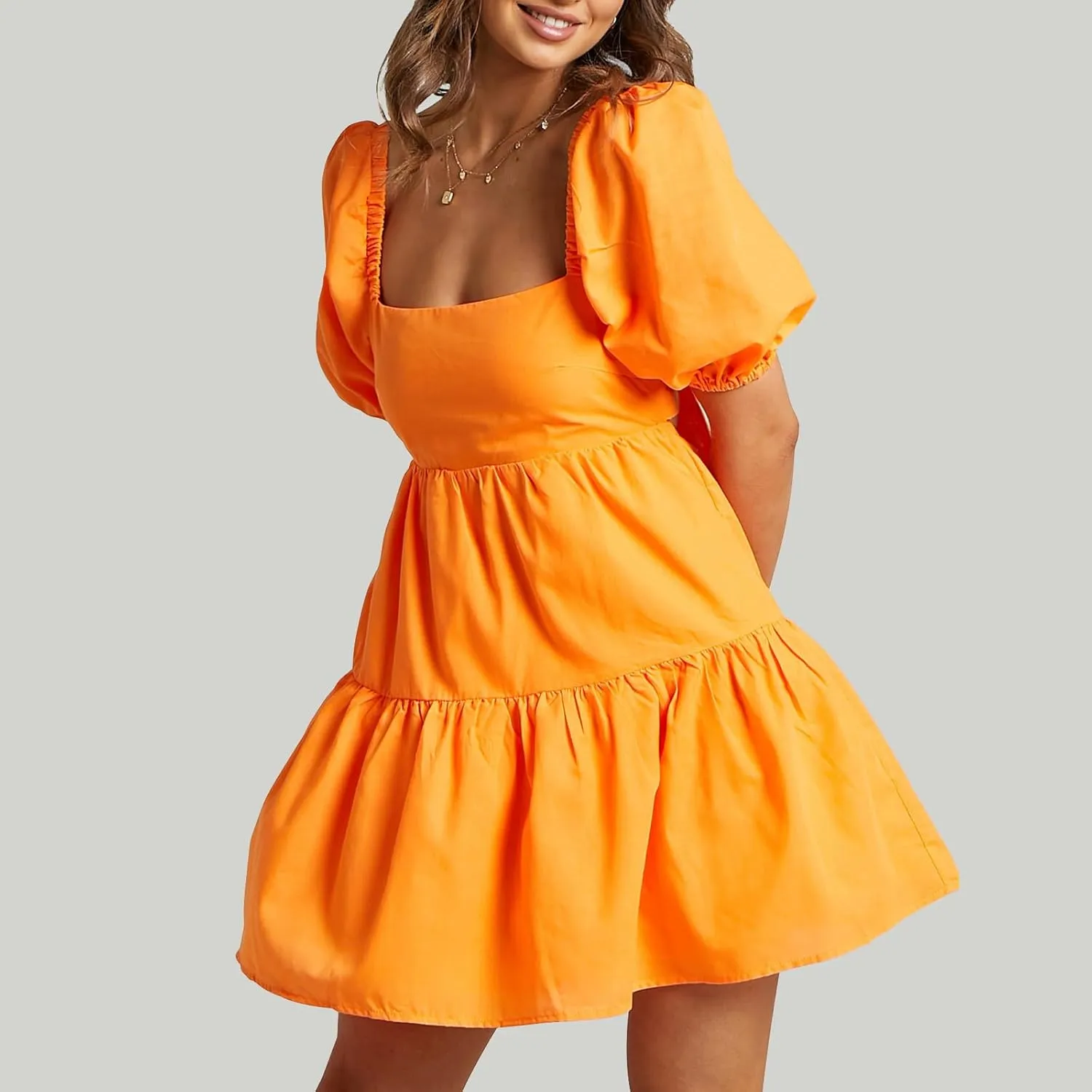 OWNGIGI Women's Summer Dress Square Neck Puffy Short Sleeve Loose Tie Back Casual A-Line Mini Dresses
