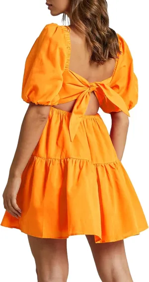OWNGIGI Women's Summer Dress Square Neck Puffy Short Sleeve Loose Tie Back Casual A-Line Mini Dresses