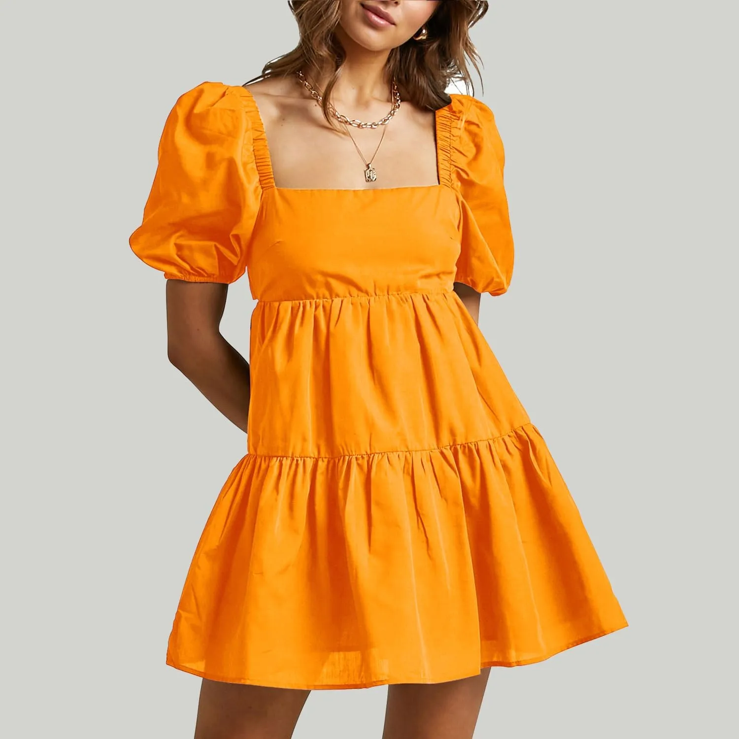 OWNGIGI Women's Summer Dress Square Neck Puffy Short Sleeve Loose Tie Back Casual A-Line Mini Dresses