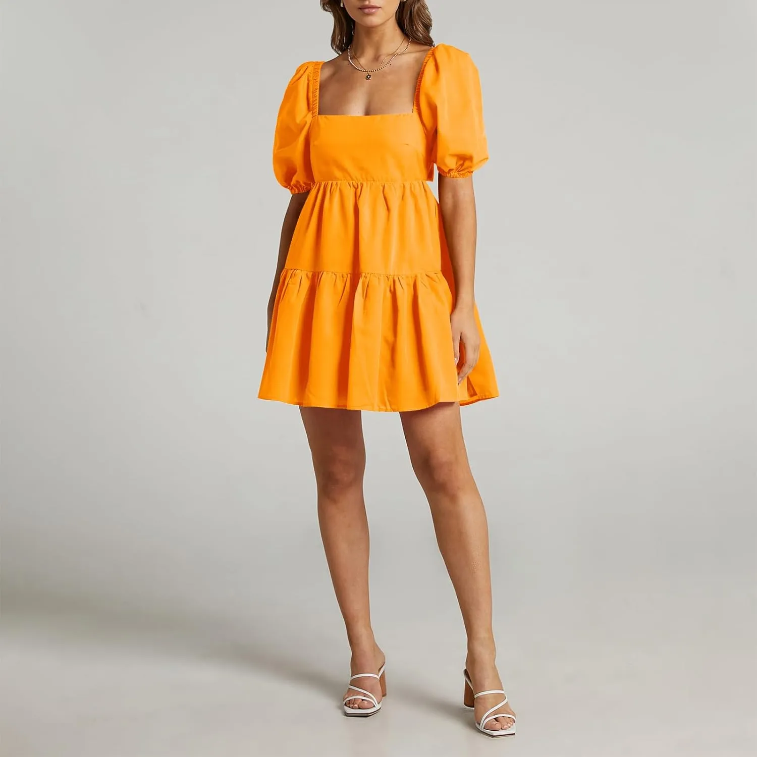 OWNGIGI Women's Summer Dress Square Neck Puffy Short Sleeve Loose Tie Back Casual A-Line Mini Dresses