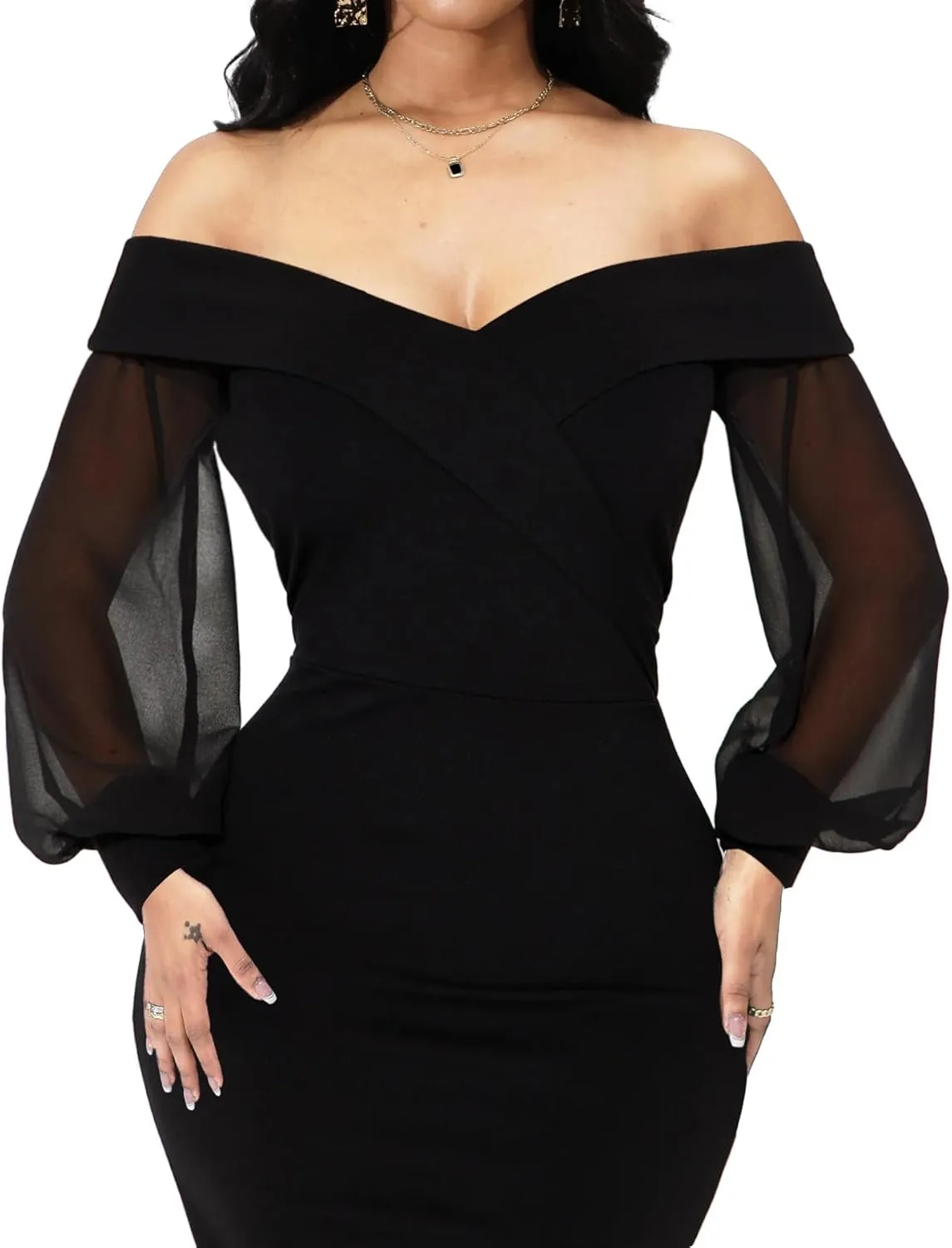 Oxgmoky Women's Dress Work Business Bodycon Off Shoulder White Mesh Long Sleeves Dress