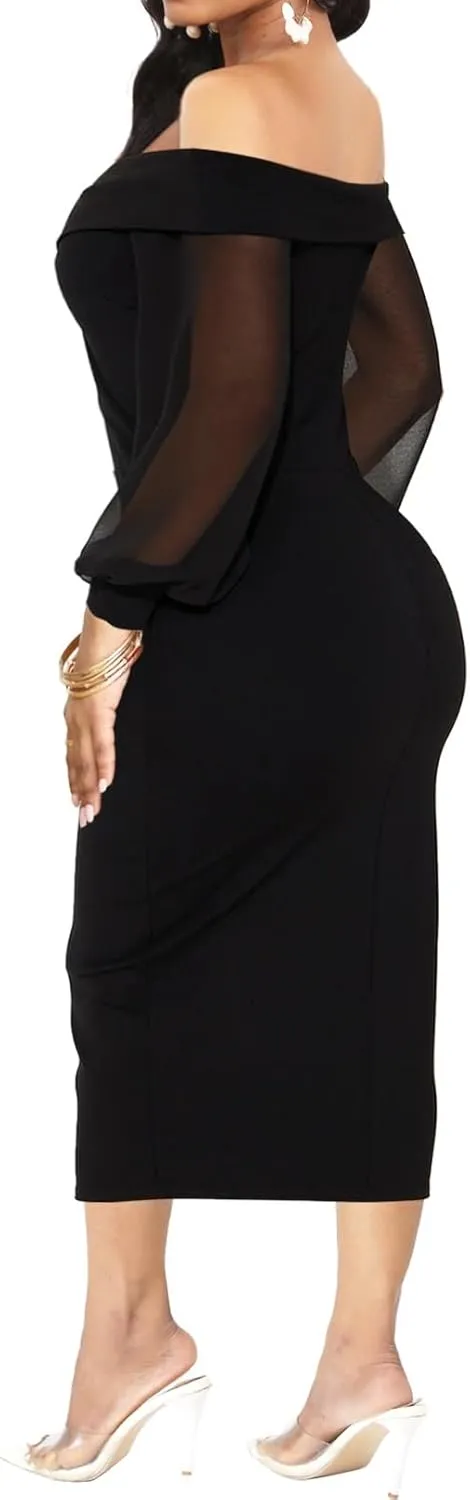 Oxgmoky Women's Dress Work Business Bodycon Off Shoulder White Mesh Long Sleeves Dress