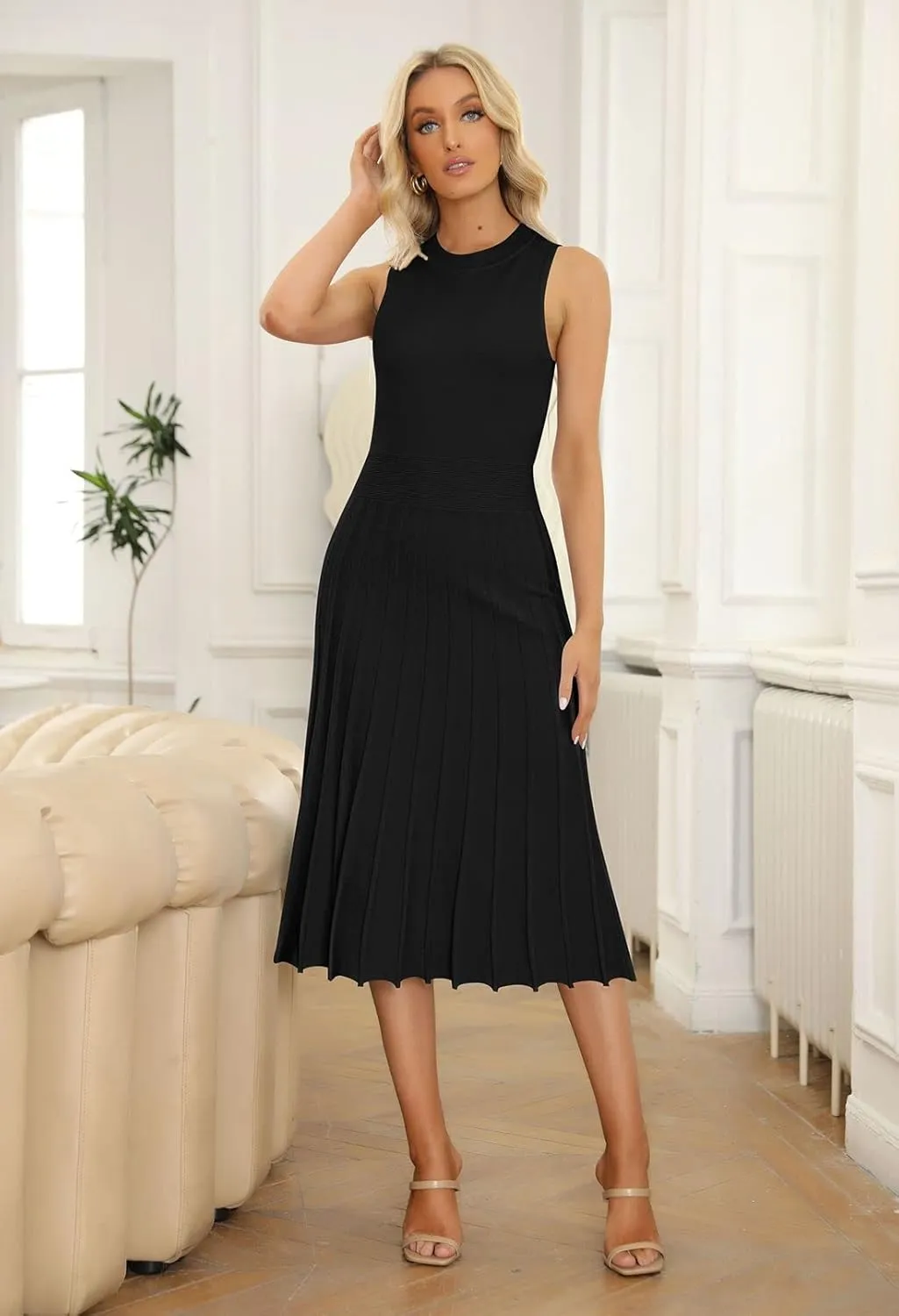 Pink Queen Women's Crew Neck Sleeveless High Waisted Bodycon Pleated Ribbed Swing Knit Midi Dresses