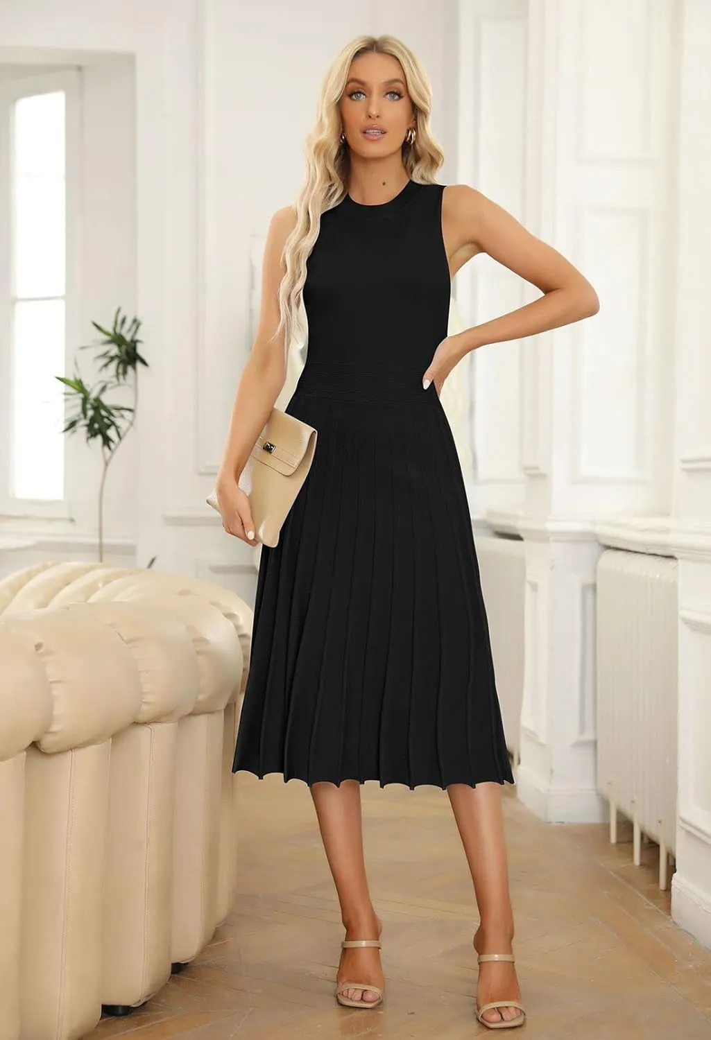 Pink Queen Women's Crew Neck Sleeveless High Waisted Bodycon Pleated Ribbed Swing Knit Midi Dresses