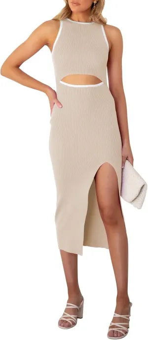 Pink Queen Women's Cutout Crew Neck Sleeveless Tank Slit Ribbed Bodycon Midi Dresses