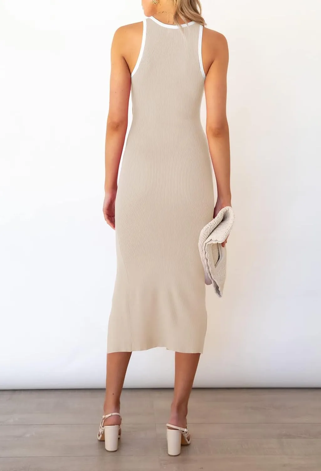 Pink Queen Women's Cutout Crew Neck Sleeveless Tank Slit Ribbed Bodycon Midi Dresses