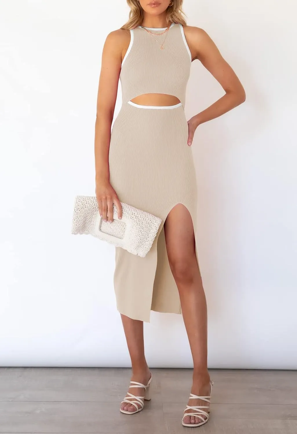 Pink Queen Women's Cutout Crew Neck Sleeveless Tank Slit Ribbed Bodycon Midi Dresses