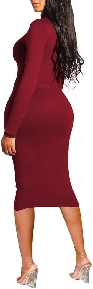 Pink Queen Womens Sexy Knit Dress High Neck Long Sleeve Bodycon Cutout Midi Dresses