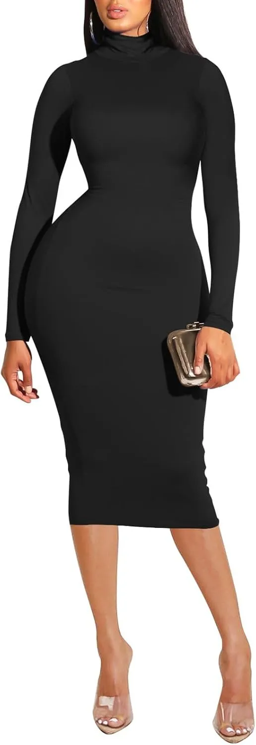 Pink Queen Womens Sexy Knit Dress High Neck Long Sleeve Bodycon Cutout Midi Dresses