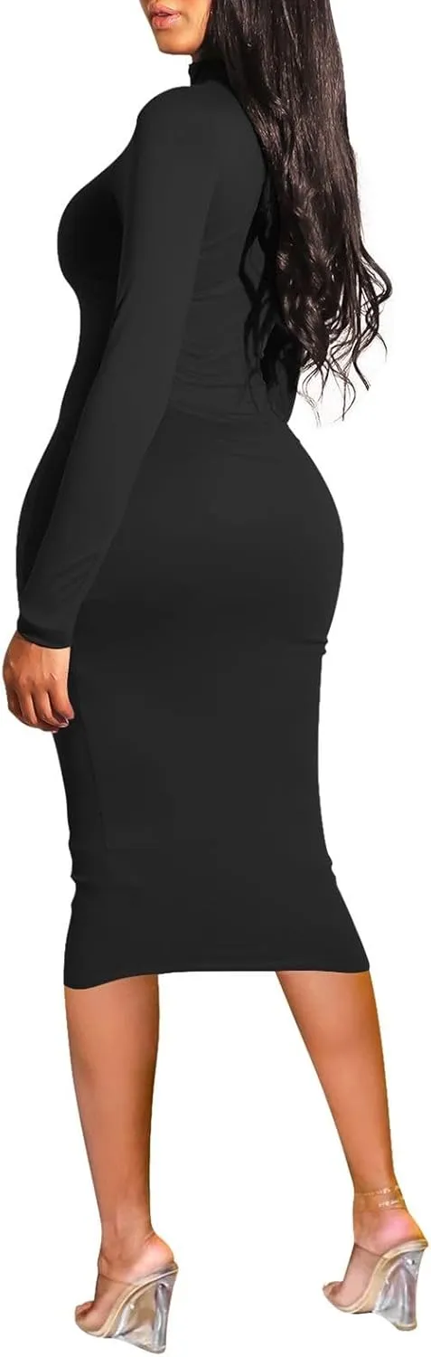 Pink Queen Womens Sexy Knit Dress High Neck Long Sleeve Bodycon Cutout Midi Dresses