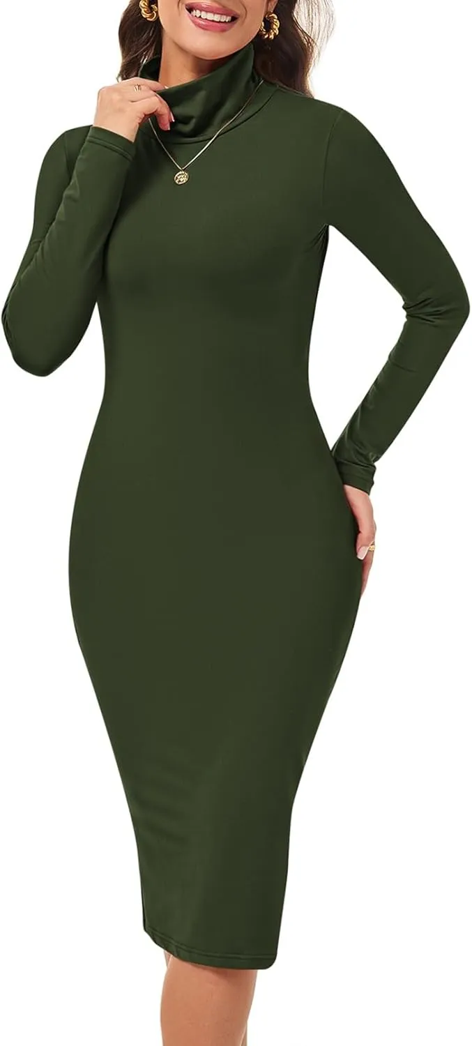 Pink Queen Womens Sexy Knit Dress High Neck Long Sleeve Bodycon Cutout Midi Dresses