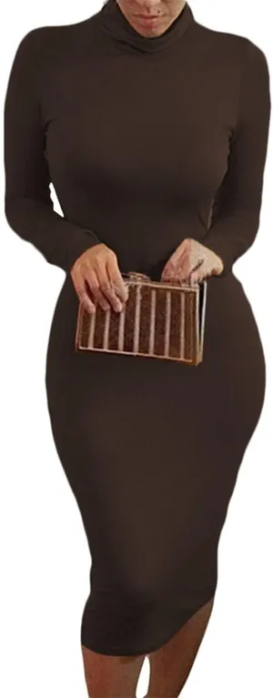 Pink Queen Womens Sexy Knit Dress High Neck Long Sleeve Bodycon Cutout Midi Dresses