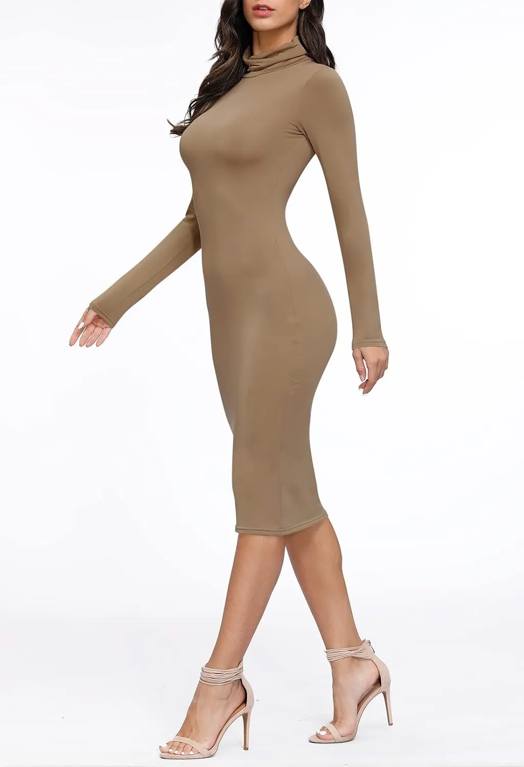 Pink Queen Womens Sexy Knit Dress High Neck Long Sleeve Bodycon Cutout Midi Dresses