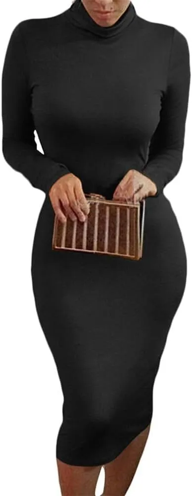 Pink Queen Womens Sexy Knit Dress High Neck Long Sleeve Bodycon Cutout Midi Dresses