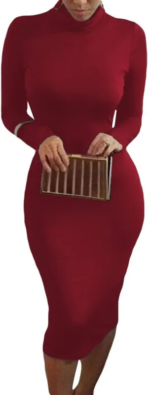 Pink Queen Womens Sexy Knit Dress High Neck Long Sleeve Bodycon Cutout Midi Dresses