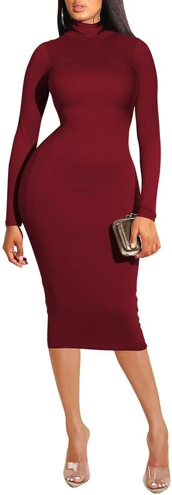Pink Queen Womens Sexy Knit Dress High Neck Long Sleeve Bodycon Cutout Midi Dresses