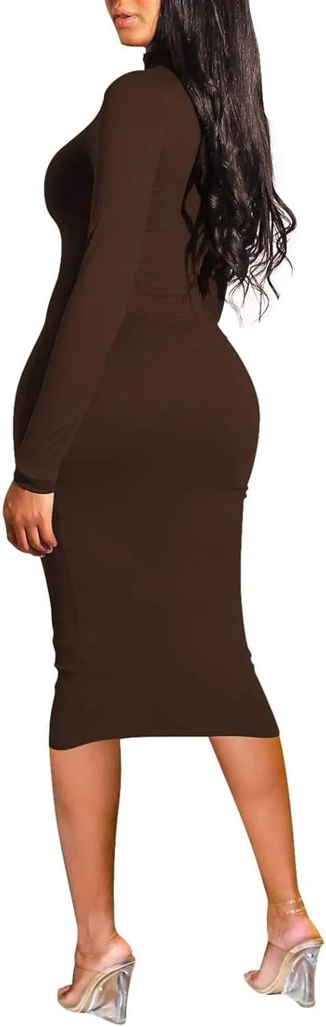 Pink Queen Womens Sexy Knit Dress High Neck Long Sleeve Bodycon Cutout Midi Dresses