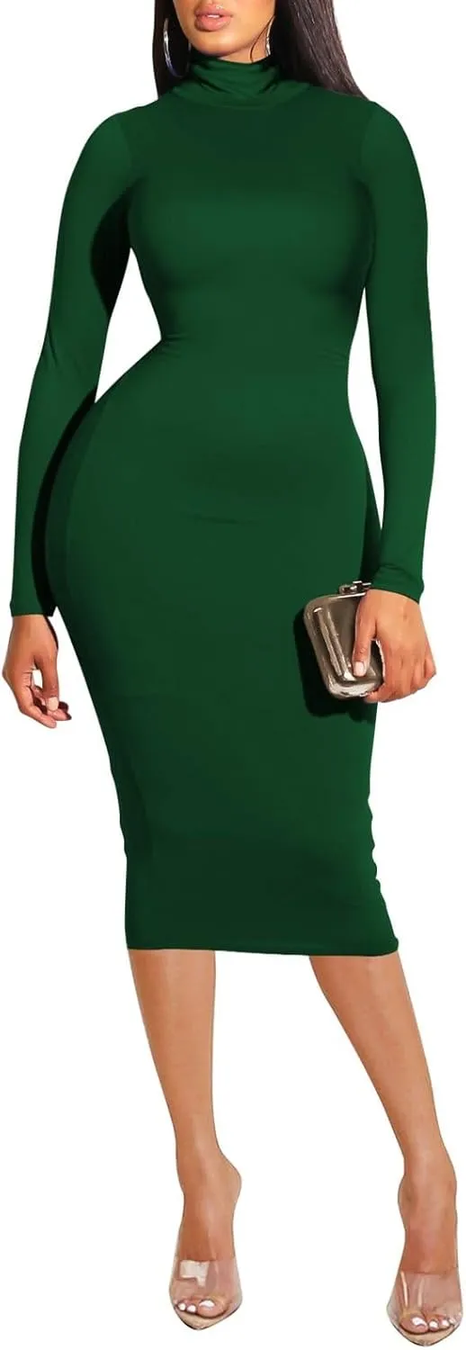 Pink Queen Womens Sexy Knit Dress High Neck Long Sleeve Bodycon Cutout Midi Dresses