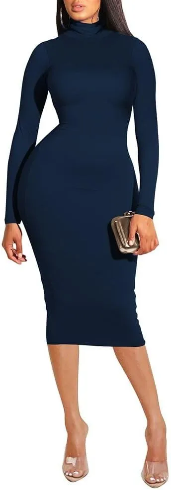 Pink Queen Womens Sexy Knit Dress High Neck Long Sleeve Bodycon Cutout Midi Dresses