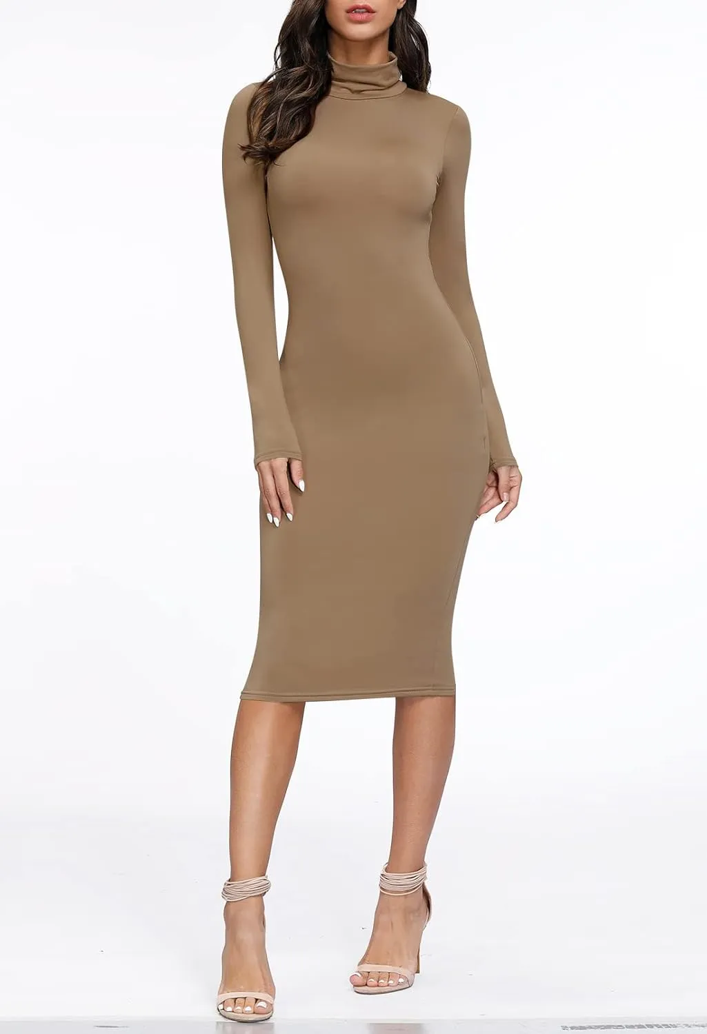 Pink Queen Womens Sexy Knit Dress High Neck Long Sleeve Bodycon Cutout Midi Dresses