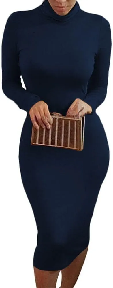 Pink Queen Womens Sexy Knit Dress High Neck Long Sleeve Bodycon Cutout Midi Dresses