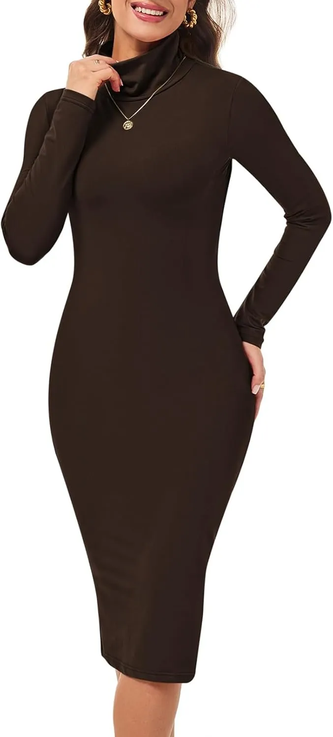 Pink Queen Womens Sexy Knit Dress High Neck Long Sleeve Bodycon Cutout Midi Dresses