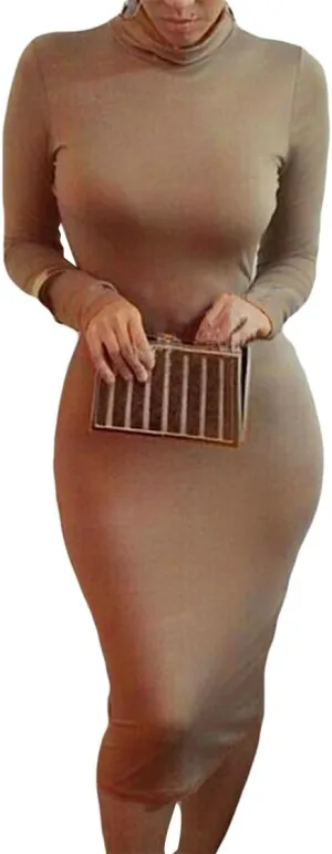 Pink Queen Womens Sexy Knit Dress High Neck Long Sleeve Bodycon Cutout Midi Dresses