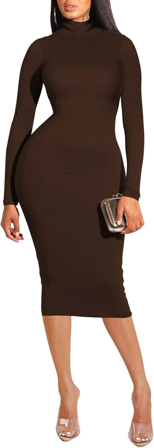 Pink Queen Womens Sexy Knit Dress High Neck Long Sleeve Bodycon Cutout Midi Dresses