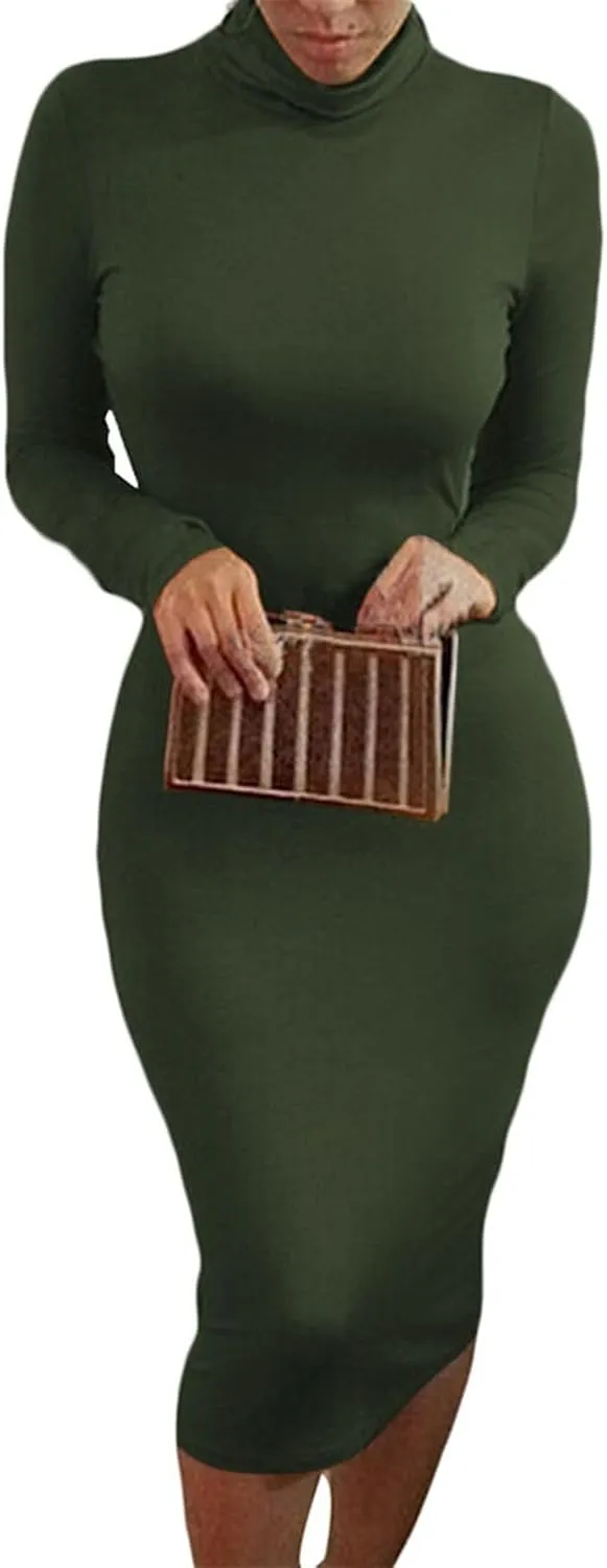 Pink Queen Womens Sexy Knit Dress High Neck Long Sleeve Bodycon Cutout Midi Dresses