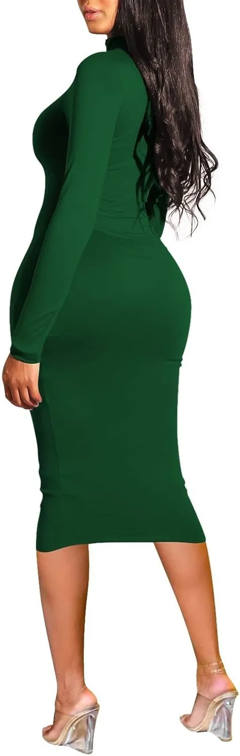 Pink Queen Womens Sexy Knit Dress High Neck Long Sleeve Bodycon Cutout Midi Dresses