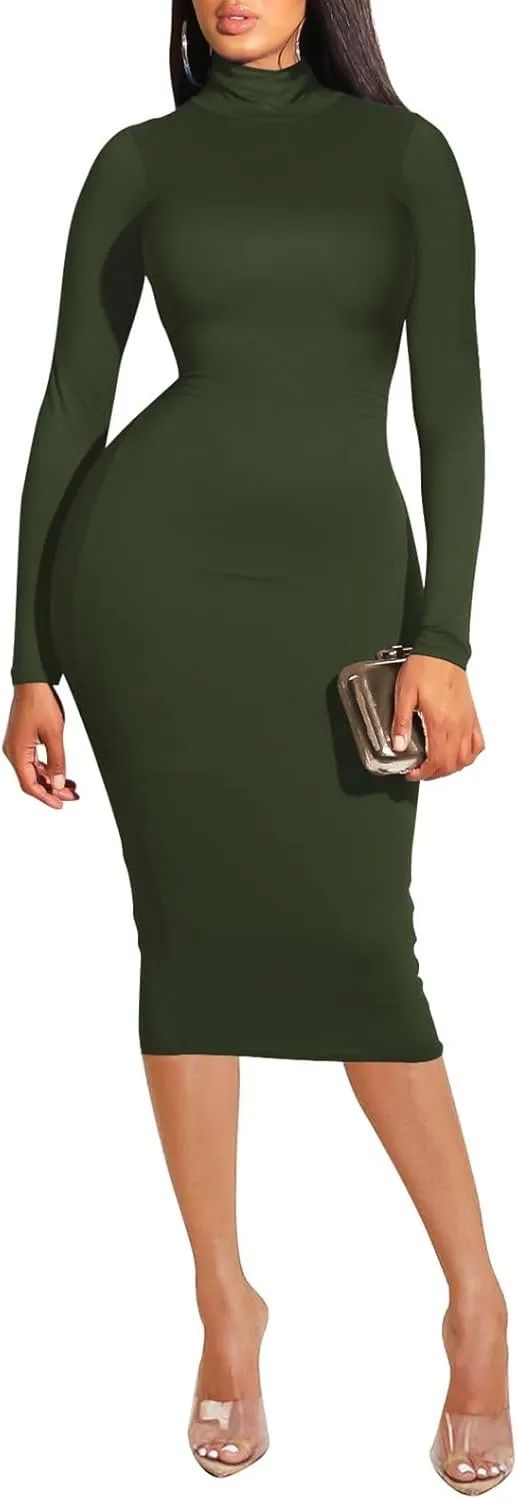 Pink Queen Womens Sexy Knit Dress High Neck Long Sleeve Bodycon Cutout Midi Dresses