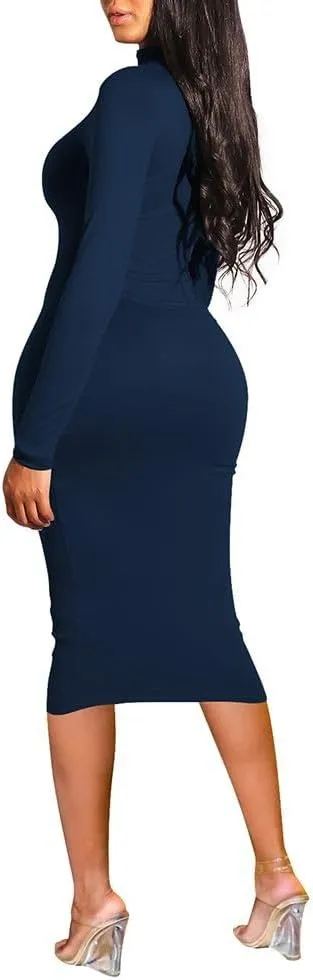 Pink Queen Womens Sexy Knit Dress High Neck Long Sleeve Bodycon Cutout Midi Dresses